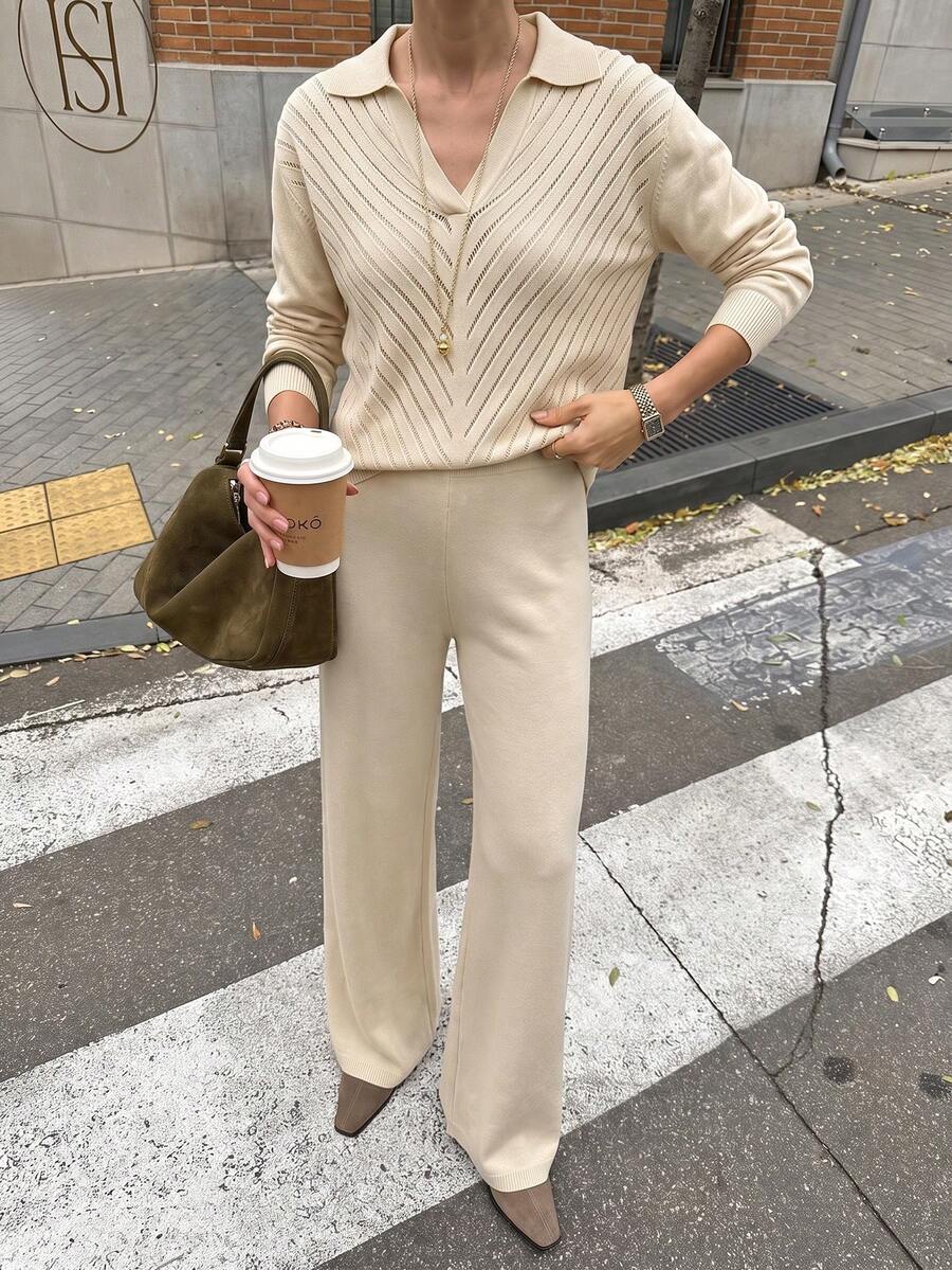 Women's Ribbed Knit Sweater And Wide Leg Pants Set, Long Sleeve V-Neck Casual Outfit For Autumn/Winter - Apricot - View 1