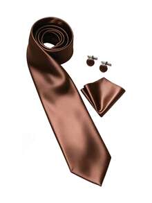 1 Set Men's Tie, Pocket Square, Cufflinks Business Fashion Versatile Suit Accessories, Suitable For Business Work, Interview, Meeting, Party, Evening Event, Family Gathering - Coffee Brown - View 3