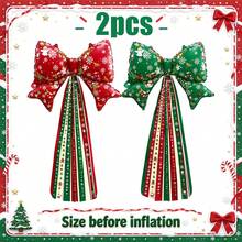 Large Christmas Bow Aluminum Foil Balloon With Striped Tassel Ribbon, Red And Green Christmas Print Bow Balloon, Christmas Party Home Background Photo Prop - Multicolor - View 13
