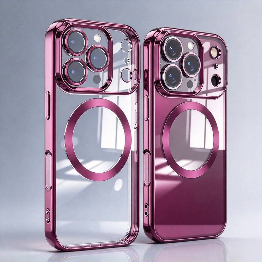 Hadaasi 1件櫻桃紅磁吸透明手機殼，相容 iPhone 18pro/18promax/18/17pro/17promax/Apple Air/17/17E/16pro/16promax/16plus/16/16E/15pro/15promax/15plus/15/14pro/14promax/14plus/14/13pro/13promax/13/12pro/12promax/12/11promax/11，電鍍邊框保護殼，內建相機鏡頭保護，防黃變防震軟 TPU 手機殼，附防塵底部網格