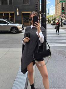Women's Elegant High Neck Soft Knit Sweater, Autumn/Winter Solid Color Loose Fit Asymmetrical Hem Shawl Style, Suitable For Daily Wear And Dates - Grey - View 3