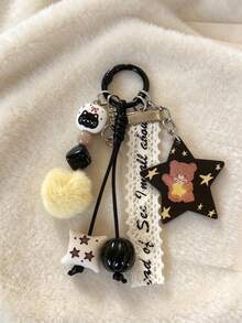 Handmade Star Bear Keychain, Cute Black Cat Bead Bag Charm, Yellow Fuzzy Pom Pom Key Ring, Aesthetic Lace Key Accessory - Multicolor - View 2