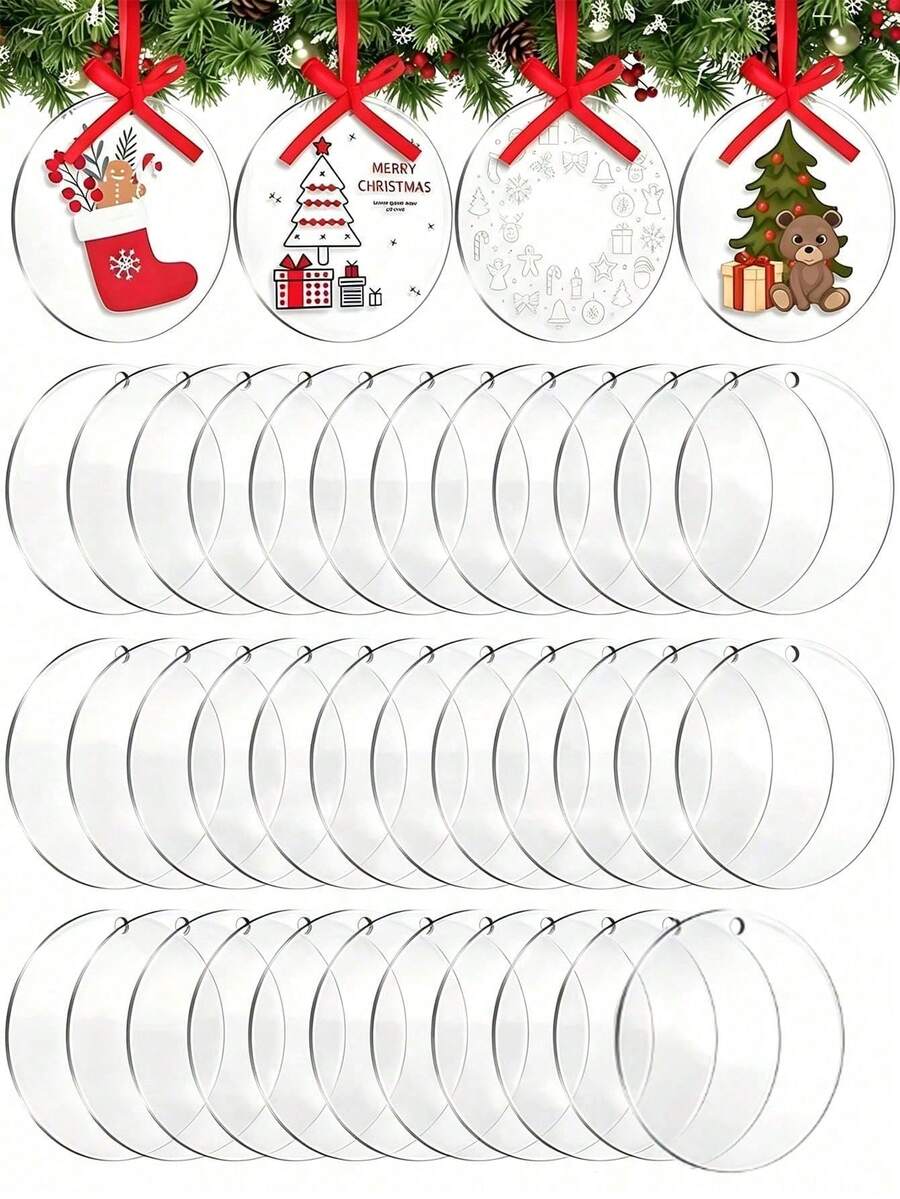 10/20pcs Clear Round Acrylic Decorative Pieces, Clear Round Acrylic Christmas Decorations, Acrylic Decorative Pieces, Perforated Acrylic Round Discs With Adhesive Vinyl Stickers, Christmas Decorations - Clear - View 1