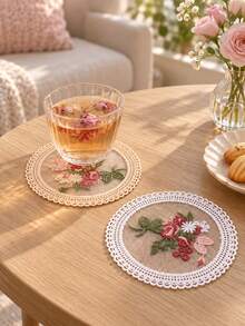1pc Vintage Floral Lace Coaster Set Romantic Embroidery Cup Mats For Coffee Table Decor - Multicolor - View 3