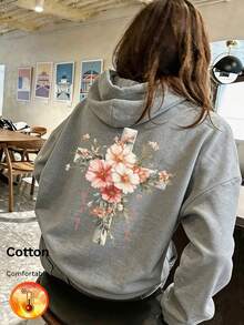 Women's Floral Print Y2K Style Fleece Hoodie For Autumn/Winter - Floral Gray - View 9