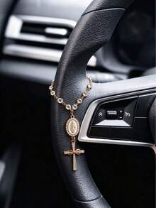 Catholic Rosary Car Rearview Mirror Hanging Ornament, Virgin Mary & Rhinestone Cross Steering Wheel Pendant, Rose Gold Crystal Beads Car Interior Decoration, Religious Blessing Women Car Accessories, Christian Gift - A - View 11