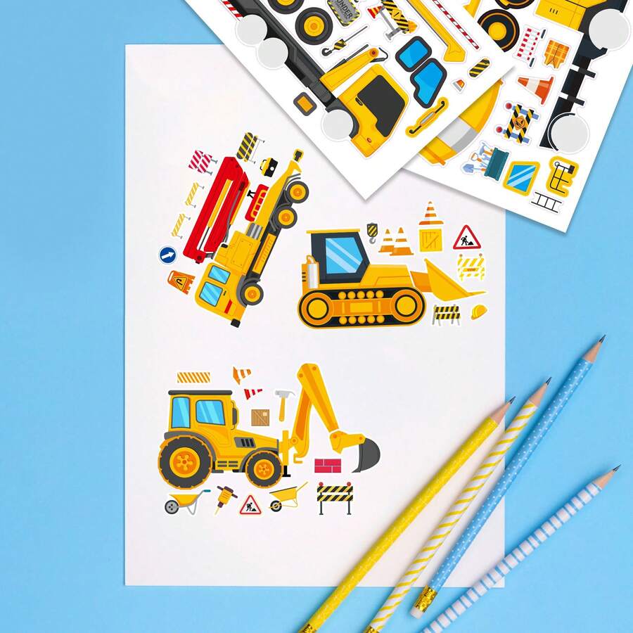 8/16pcs Construction Vehicle Stickers, Excavator, Crane, Concrete Mixer ...