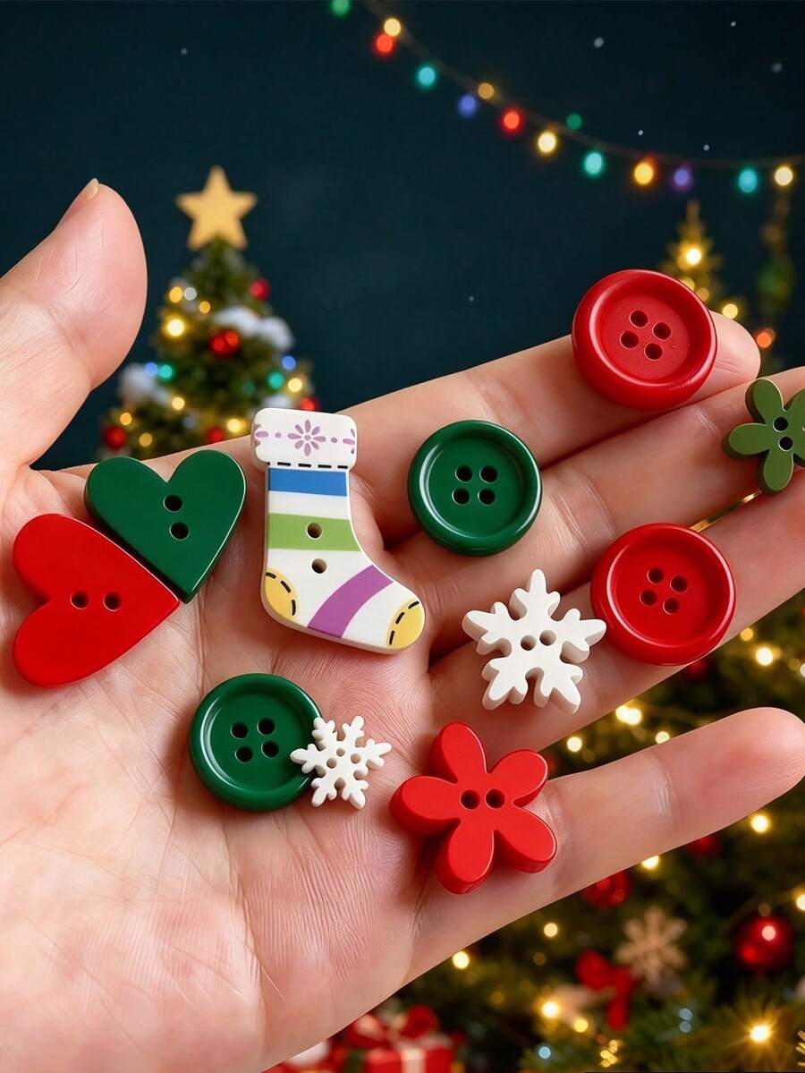 Random 200/100/50pcs Christmas Craft Button Set - Assorted Wooden Holiday Shapes, For Projects, Scrapbooking And Decor - Universal For Ages 14+, Non-Electric, Sewing Supplies, Fasteners, Buttons, Wedding Keepsake, Favors, Easter, Bridal Accessory - Multicolor - View 1