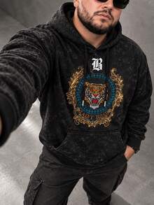 Plus Size Men's Tiger Head Rhinestone Hoodie, Vintage Black Washed Pullover Printed Sweatshirt - Black - View 1