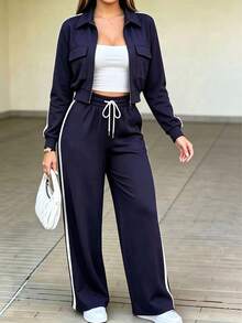 Women 2 Pcs Tracksuit Set, Color Block Zip Up Jacket & Side Stripe Wide Leg Pants, Retro Sporty Casual Streetwear Outfit, Navy Blue Fall Matching Set - Navy - View 4