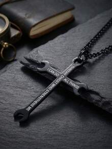 Stainless Steel Cross Pendant Necklace, Inspirational Faith Quote Jewelry, "I Can Do All Things" Engraved Pendant Necklace, Gift For Men And Women - Black - View 6