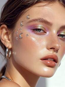 1pc Autumn/Winter New Silver Foil Moon & Cross Face Sticker, Silver Cross And Moon Design With Foil Craft, Creates Mysterious Elegant Futuristic Vibe, Suitable For Y2K Futuristic Punk Style Makeup Decoration - Multicolor - View 5