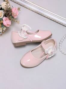 Girls' Pink Mary Jane Shoes, Lace Shiny Patent Leather Princess Shoes With Soft Sole And Hook And Loop Closure, Versatile Performance Shoes - Pink - View 7