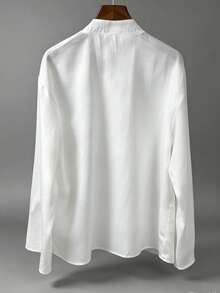Women's Casual Versatile Commuter Solid Color Fitted Waist Shirt, Mandarin Collar Pin Tuck Pleated Long Sleeve Button Down Blouse - White - View 3