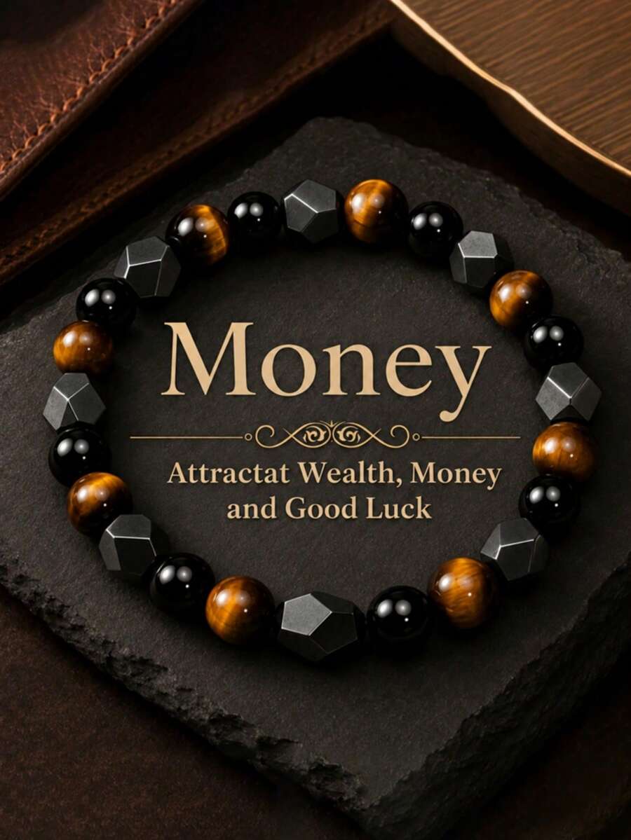 Bohemian Vintage Tiger's Eye & Obsidian Bracelet, Natural Stone Men's Fashion Jewelry Accessory Gifts For Daily Wear, Money / Protection / Confidence - Multicolor - View 1