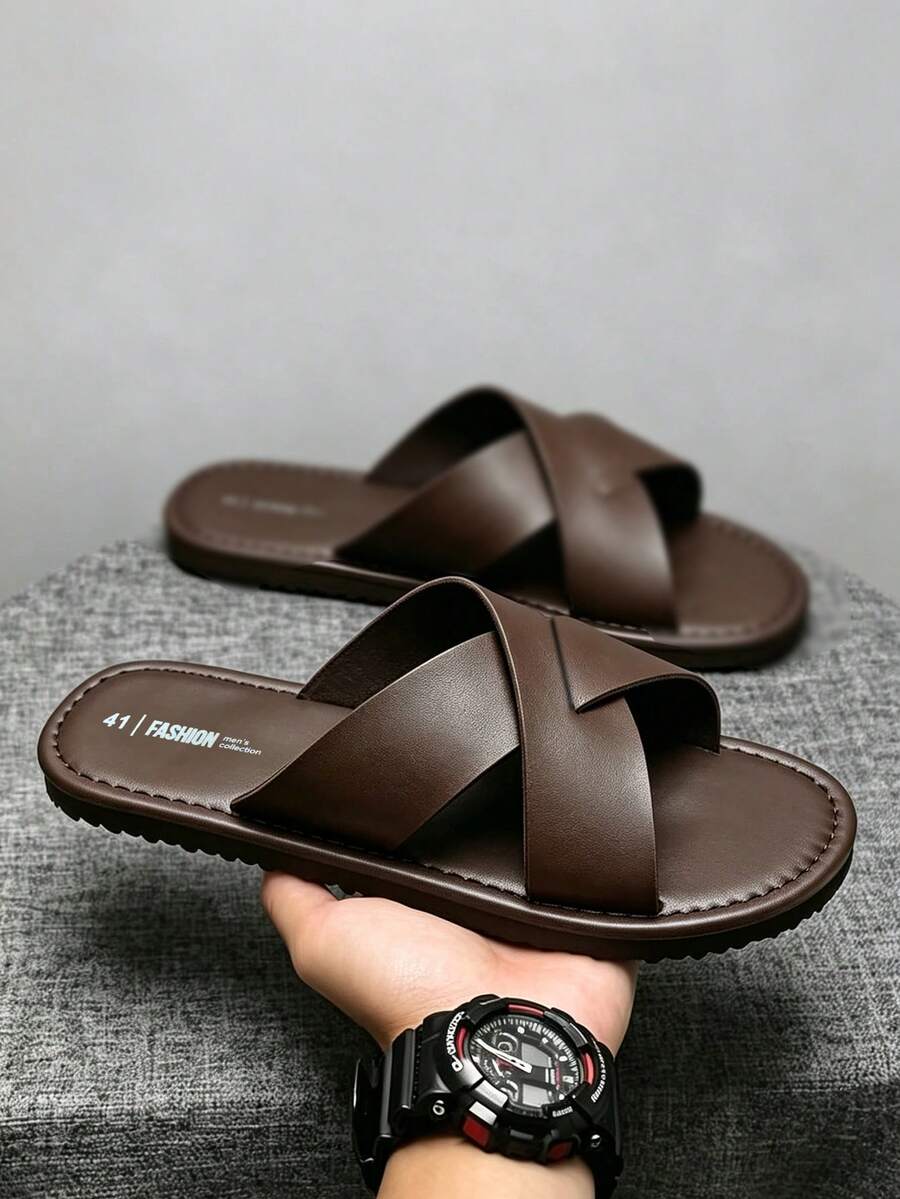 Men's Hollow Out Casual Slippers, Open Toe Slip-On Flat Roman Sandals, Comfortable Non-Slip Summer Indoor/Outdoor Beach Walking Shoes - Brown - View 1