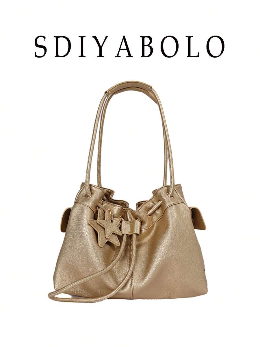 Women Vintage Soft PU Leather Drawstring Bucket Bag Star Charm Pendant Shoulder Bag Large Capacity Hobo Handbag Suitable For Daily Used Office