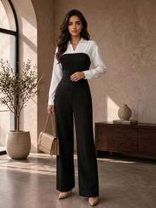 Fashionable Women's Woven Fabric Jumpsuit, Long Sleeve With Collar, Elegant Wide Leg Design, Suitable For All Seasons, No Belt - Black - View 4