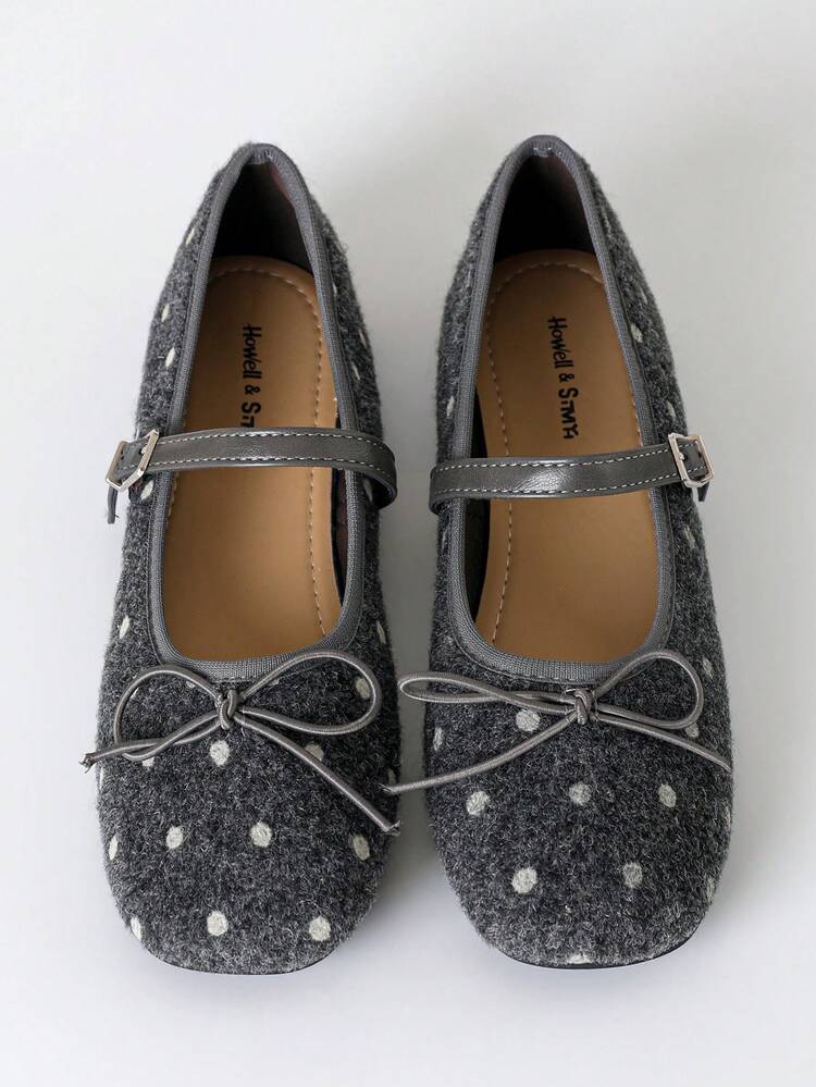Polka Dot Bow Flat Ballet Shoes With Round Toe, Simple Slip-On Design For Daily Wear - Grey - View 5