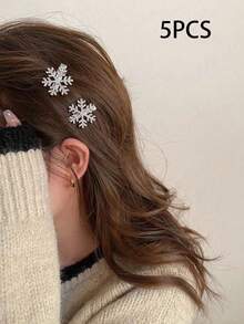 10/5pcs Women's Snowflake Faux Pearl Hair Clips, Fashion Bangs Clips, Suitable For Daily Wear, Perfect Gift For New Year And Christmas, Autumn/Winter Atmosphere Hair Clips - Silver - View 8