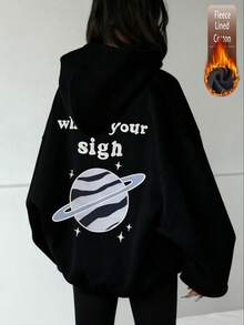 Autumn/Winter Women's Planet Graphic Text Sweatshirt Y2K Style - Black - View 1