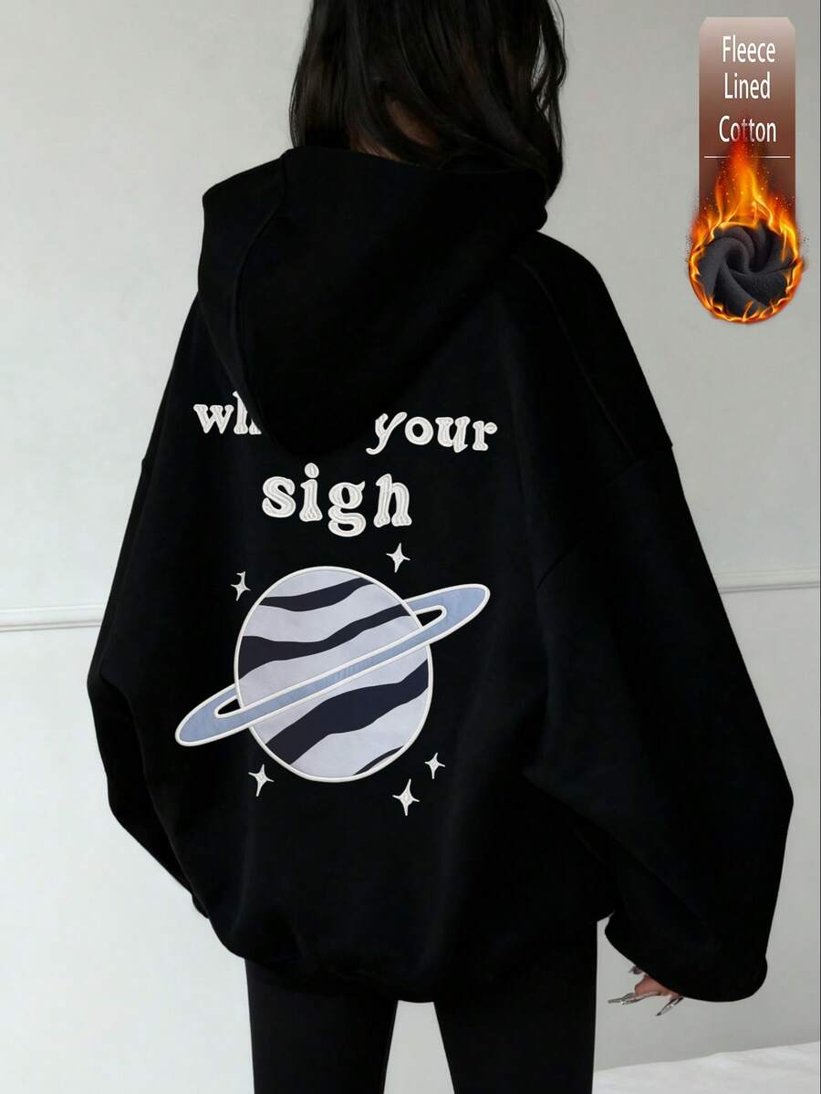 Autumn/Winter Women's Planet Graphic Text Sweatshirt Y2K Style - Black - View 1