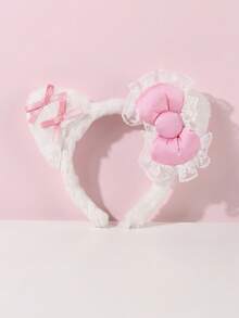 1PC Pink Bow Plush Headband, Cute And Comfortable Hair Accessory, Suitable For Face Washing And Autumn/Winter Styling - Multicolor - View 3