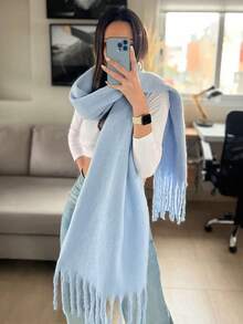 1pc Thick Solid Color Fleece Mohair Tassel Scarf, Chic Autumn/Fall Warm Couple Shawl, Soft & Comfortable Blanket Scarf, Suitable For Daily Wear - Multicolor - View 8
