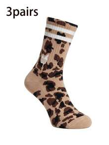 1/3/6 Pairs Unisex Mid-Calf Sports Socks (Random Style), Suitable For Daily Outdoor Casual Wear; Fashionable Leopard Print Sports Socks And Striped Long Outdoor Socks - Multicolor - View 14