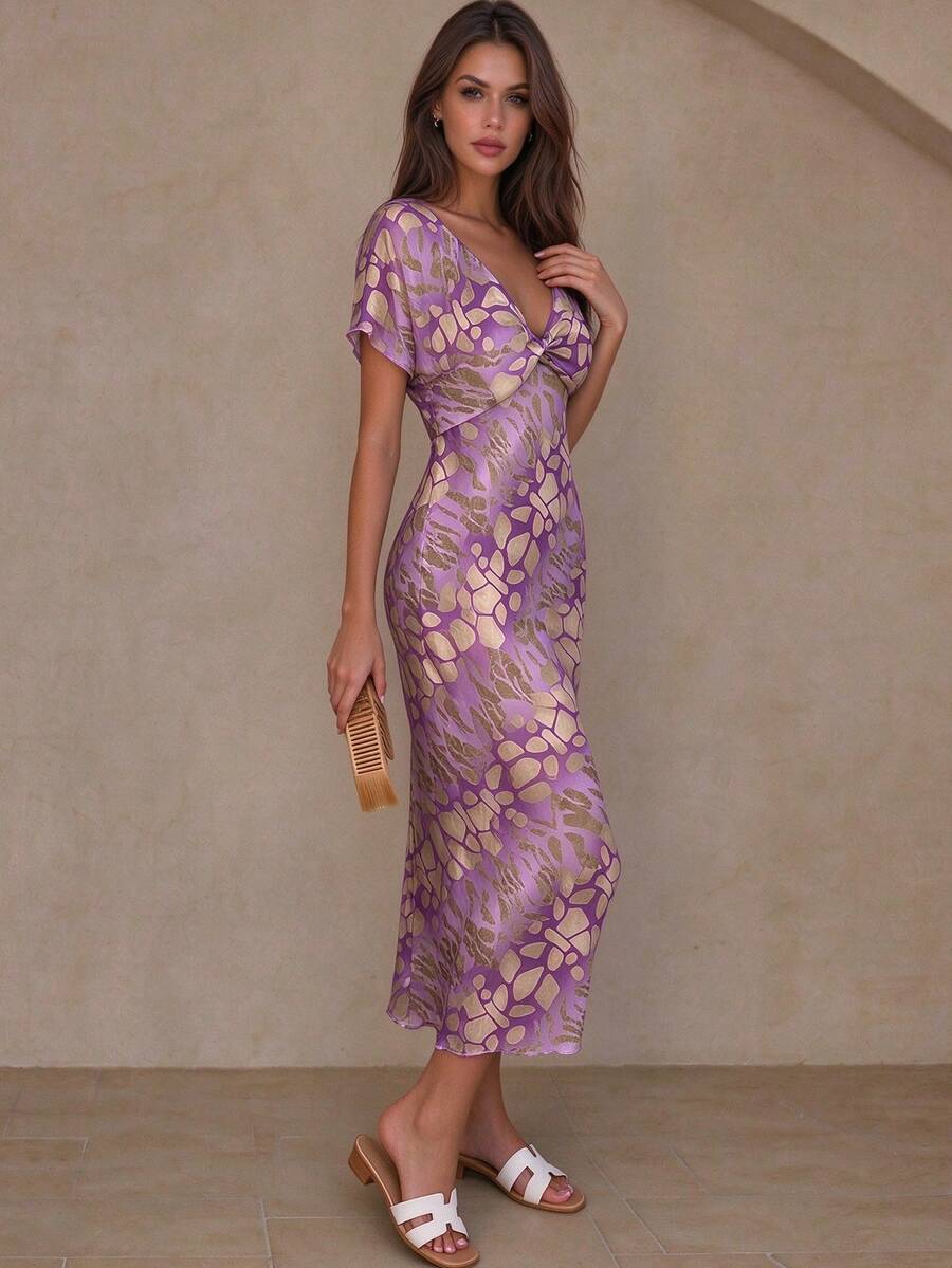 Women's Random Geometric Print Twist Design V-Neck Short Sleeve Elegant Dress - Purple - View 1