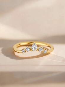 2pcs 18K Gold Plated Luxury Oval Main Stone Ring, Rope Texture Stackable Ring, Teardrop Accent Stone Ring, Exquisite Holiday Party Gift For Women - Yellow Gold - View 9