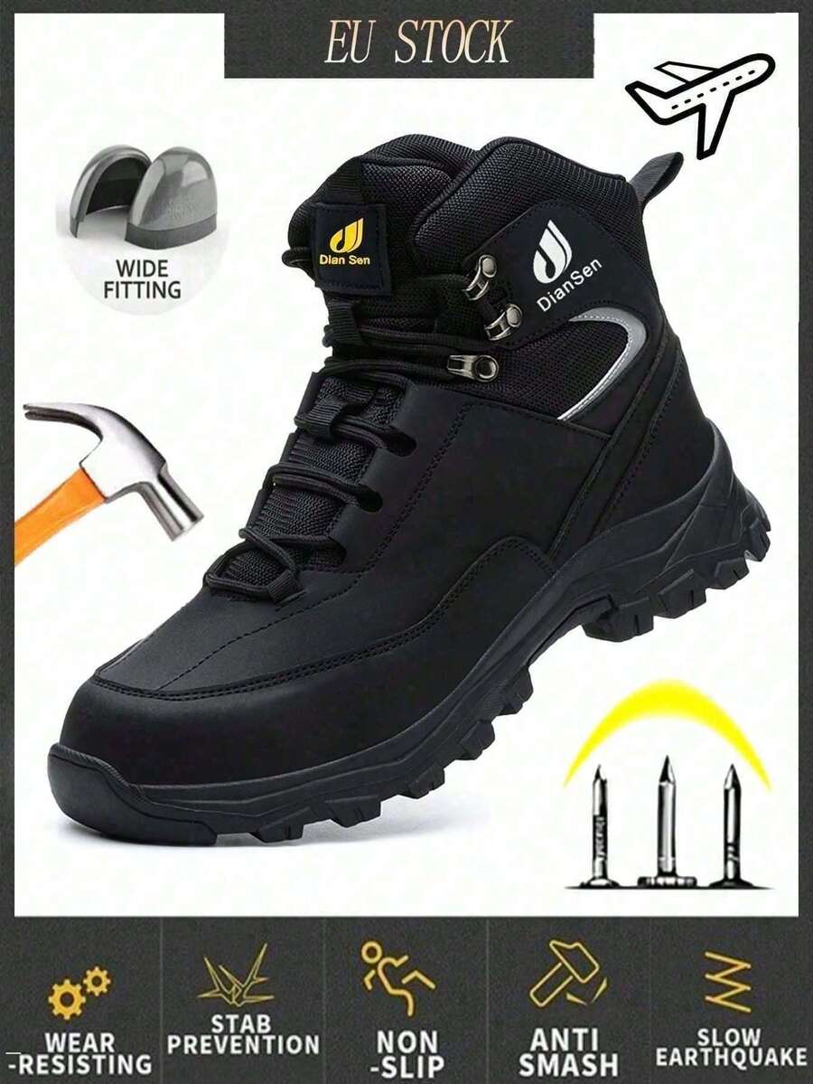 Men's Microfiber Leather Steel Toe Boots, Comfortable Rubber Sole Work Boots, Lightweight And Puncture-Resistant, Suitable For Warehouse, Gardening - Black - View 1