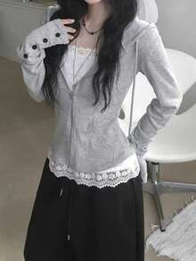 Short Cropped Waist Zipper Hoodie, Hot Girl Style Versatile Loose Fit Top Jacket - Grey - View 7