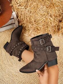 Women's Pointed Toe Suede Western Style Buckle Metal Eyelet Holiday Fashion Boots - Brown - View 2