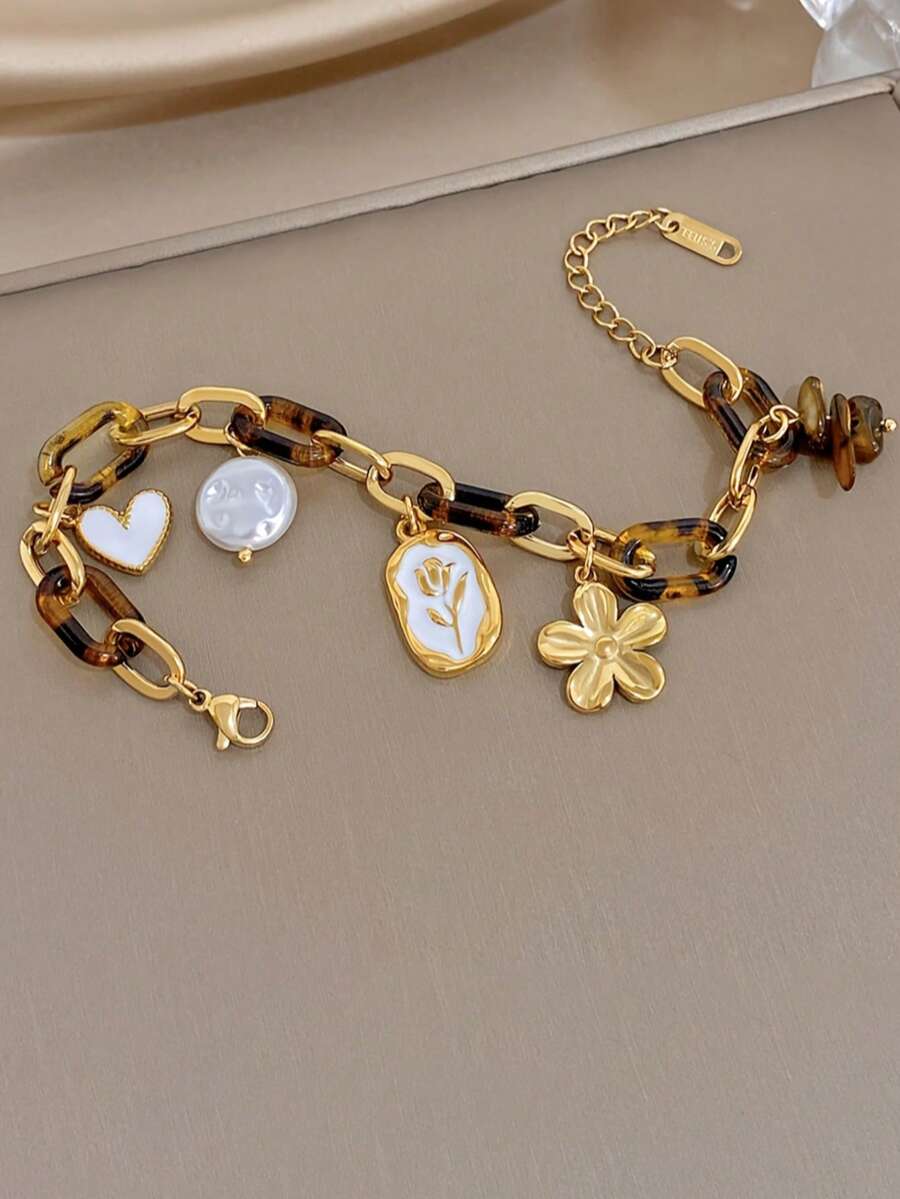 Bohemian Tortoise Shell Chain Gold Flower Pendant Women's Fashion Versatile Bracelet, Suitable For Daily, Casual, Travel Wear - Multicolor - View 1