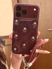 Korean Vintage Cherry Red Rivet Star Design Phone Case Compatible With Iphone 18 Pro Max, 17 Pro Max, 15, 16 Pro, 17 Pro, Leather Anti-Drop Phone Cover With Lanyard - Burgundy - View 3