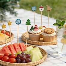 200pcs/100pcs/10pcs Christmas Holiday Creative Bamboo Skewers, Birthday Decoration, Party Decoration, Holiday Decoration, Outdoor BBQ Fruit Forks, Graduation Season School Supplies, Party Supplies Fruit Fork Set, Suitable For Snacks, Cakes And Dessert Gifts, Back To School Season, Holiday Atmosphere - Multicolor - View 7