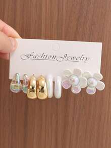 8/24PCS Fashionable Elegant Five-Petal Flower Colorful Water Drop Cute Bear Textured Earring Set Suitable For Party, Banquet, Travel, Wedding, Vacation, Daily Wear Jewelry Gift - White - View 2