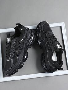Men's Fashion Thick Sole Dad Sneakers, Air Cushion Shock Absorbing Outsole, Non-Slip Wear-Resistant Thickened Sole, Lightweight Breathable Upper, Lace-Up Style, Suitable For Daily Commute, Outdoor, Streetwear Casual Running Shoes - Black - View 2