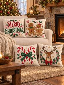 4 Buah Sarung Bantal Natal Vintage Motif Kue Jahe Permen, Dekorasi Liburan Amerika dengan Teks Rusa Kutub dan Permen Tongkat, Cetakan Satu Sisi, Isian Bantal Tidak Termasuk - MultiWarna - View 12