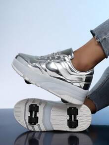 BLSART Children's Silver Shiny Lace-Up 4-Wheel Roller Sneakers, Student Casual Inline Skate Shoes With Retractable Wheels - Silver - View 1