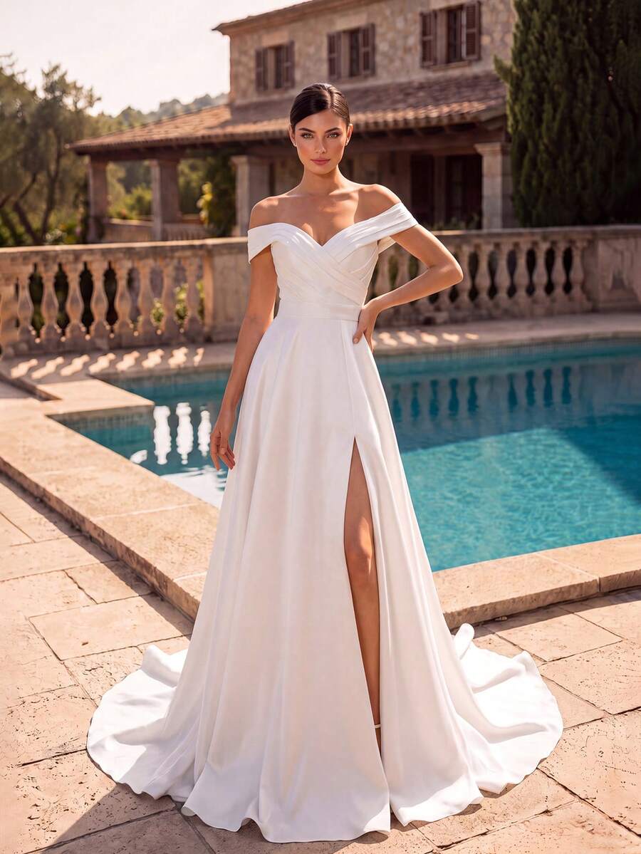 Elegant White Off-Shoulder Long Wedding Dress With Zipper Detail, Romantic Minimalist Bridal Party Gown - White - View 1