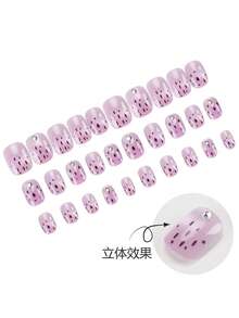 30片短方型穿戴甲，可愛秋季款，淺紫色底色搭配深色墨跡噴濺與3D水鑽，附果凍膠與指甲锉套組，閃亮秋季美甲用品 - 彩色 - 查看 3