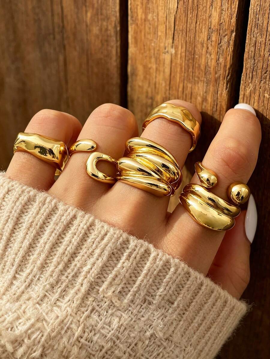 6PCS Personalized Liquid Gold Glossy Finish Asymmetrical Water Drop Rings, New Niche Fashion Versatile Rings For Women - Gold - View 1