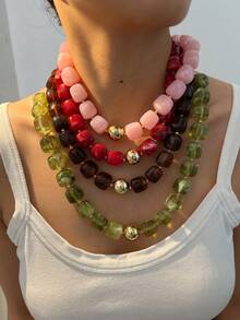Random Color 2/1pc Simple Fashion Retro Geometric Pattern Beaded Necklace For Women, Sisters, Vacation, Date, Gift, Daily Casual, Party, Wedding, Matching, Mom, Friend (Color Difference May Occur) - Multicolor - View 3