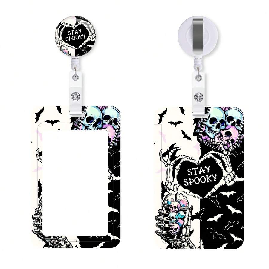 Stay Spooky Skeleton Hand Badge Reel With ID Card Holder, Black White Bat Skull Retractable Badge Clip, Gothic Pattern Name Tag Holder For Nurse Teacher, Halloween Work Accessory Gift - Rectangle - View 1