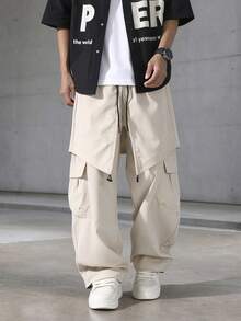 American Street Style Star Embroidered Men's 2-In-1 Drawstring Cargo Wide Leg Casual Pants - Apricot - View 2