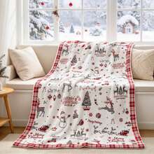 1pc White Background Red Plaid Border Christmas Reindeer Snowman Tree Print Flannel Throw Blanket, Holiday Sofa Blanket - Multicolor - View 1