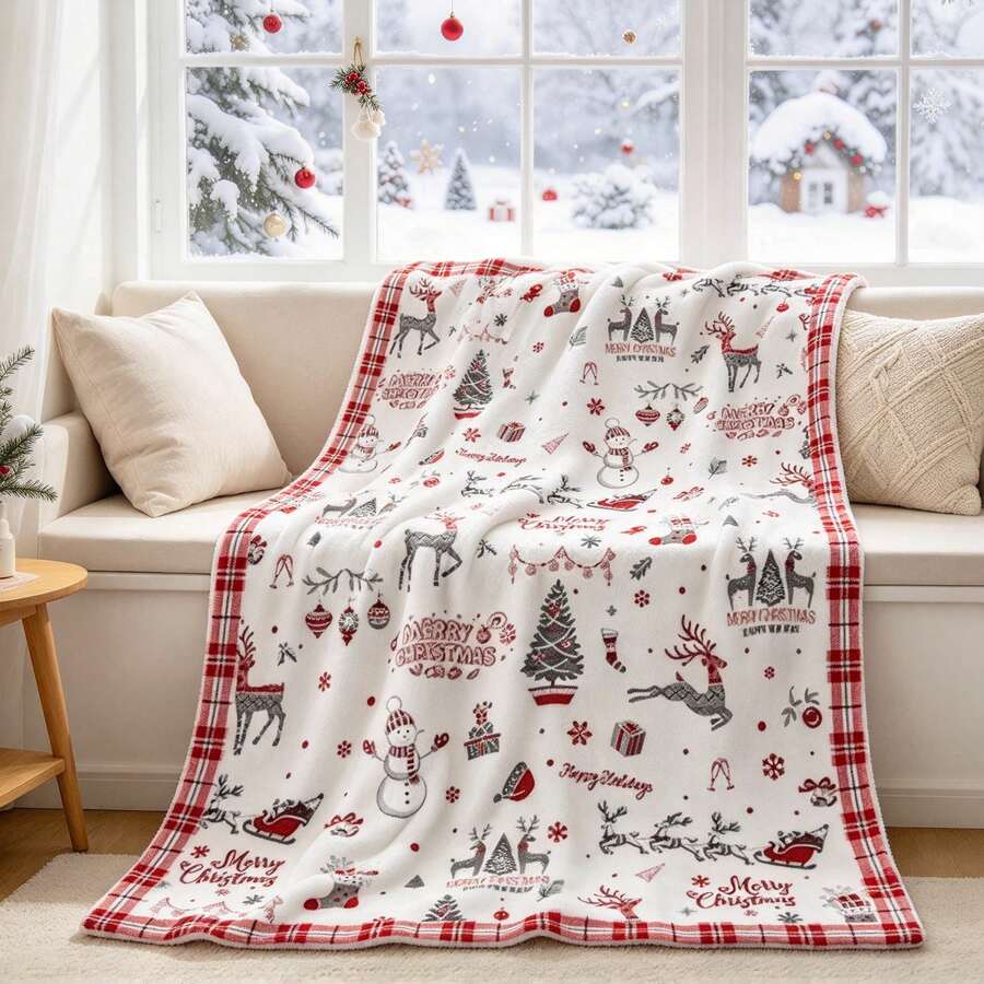 1pc White Background Red Plaid Border Christmas Reindeer Snowman Tree Print Flannel Throw Blanket, Holiday Sofa Blanket - Multicolor - View 1