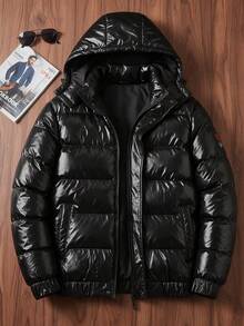 Men's Shiny Detachable Hood Long Sleeve Warm Padded Coat - Black - View 9